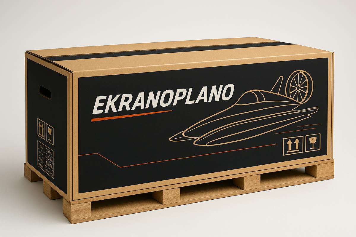 Screen-printed Ekranoplano cardboard crate on a pallet, ready to ship.