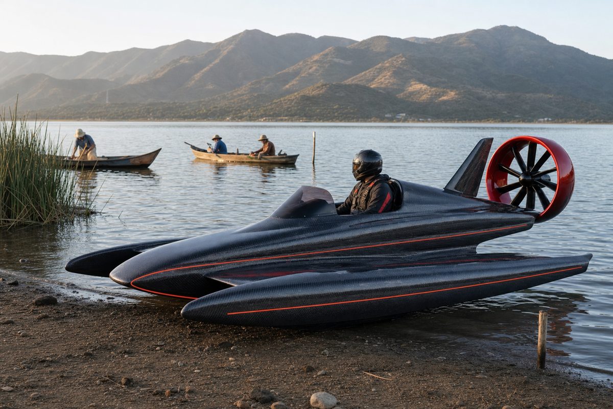 The Ekranoplano on a Jalisco lake next to traditional fishermen.