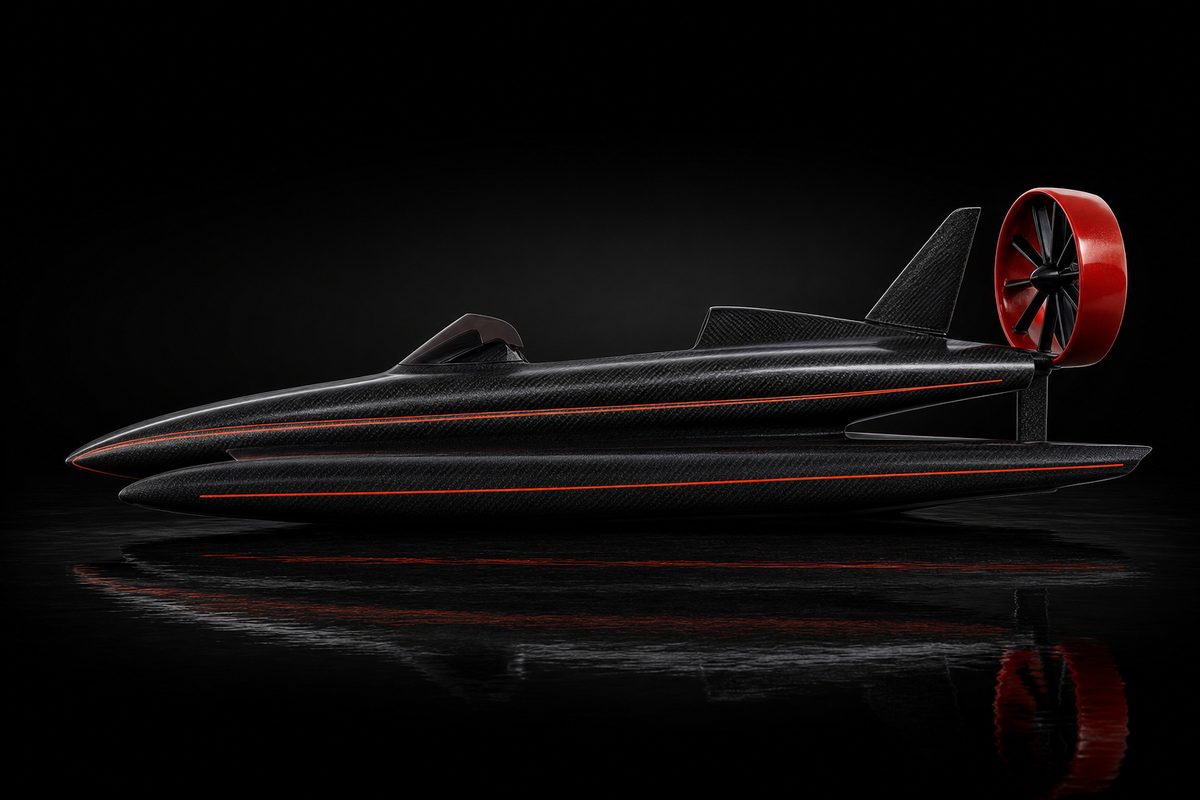 Profile view of the Ekranoplano: composite-exoskeleton trimaran hull with a red ducted fan at the rear.